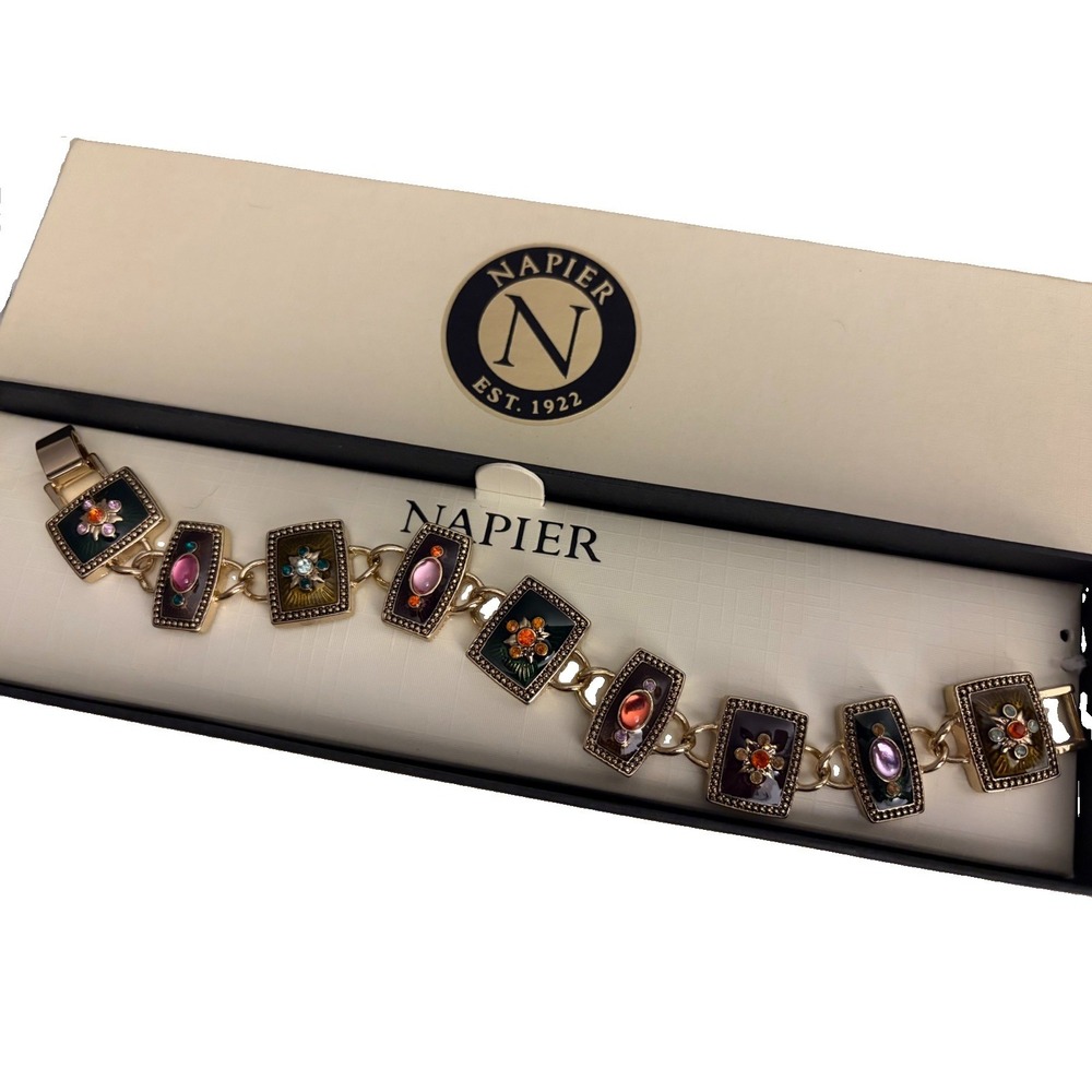 Vintage Napier Gold Tone Black Enamel Floral & Cabochon panel Bracelet w/ Box
